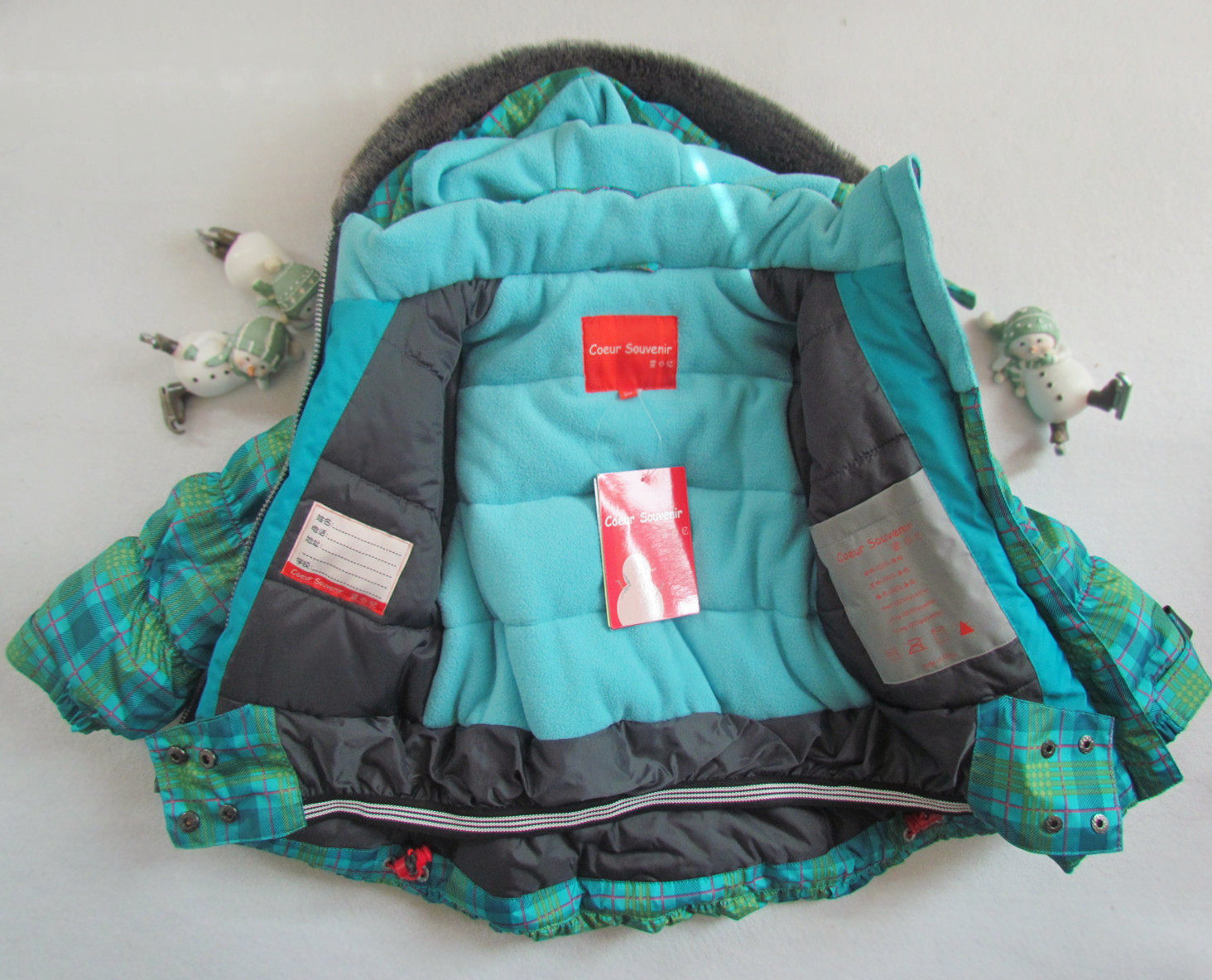 可爱的蓝绿色格子滑雪服女孩冬季防风抗寒棉滑雪服外套