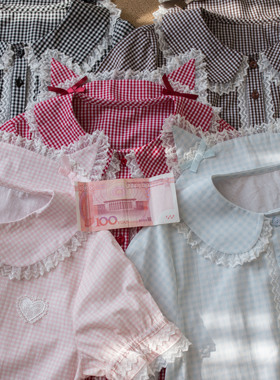 猫耳格子衬衫Lolita内搭娃娃领中古蕾丝可爱软妹洛丽塔衬衫