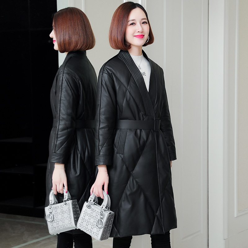 2022新款冬真皮羽绒服女皮衣外套中长款韩版修身显瘦绵羊皮腰带款
