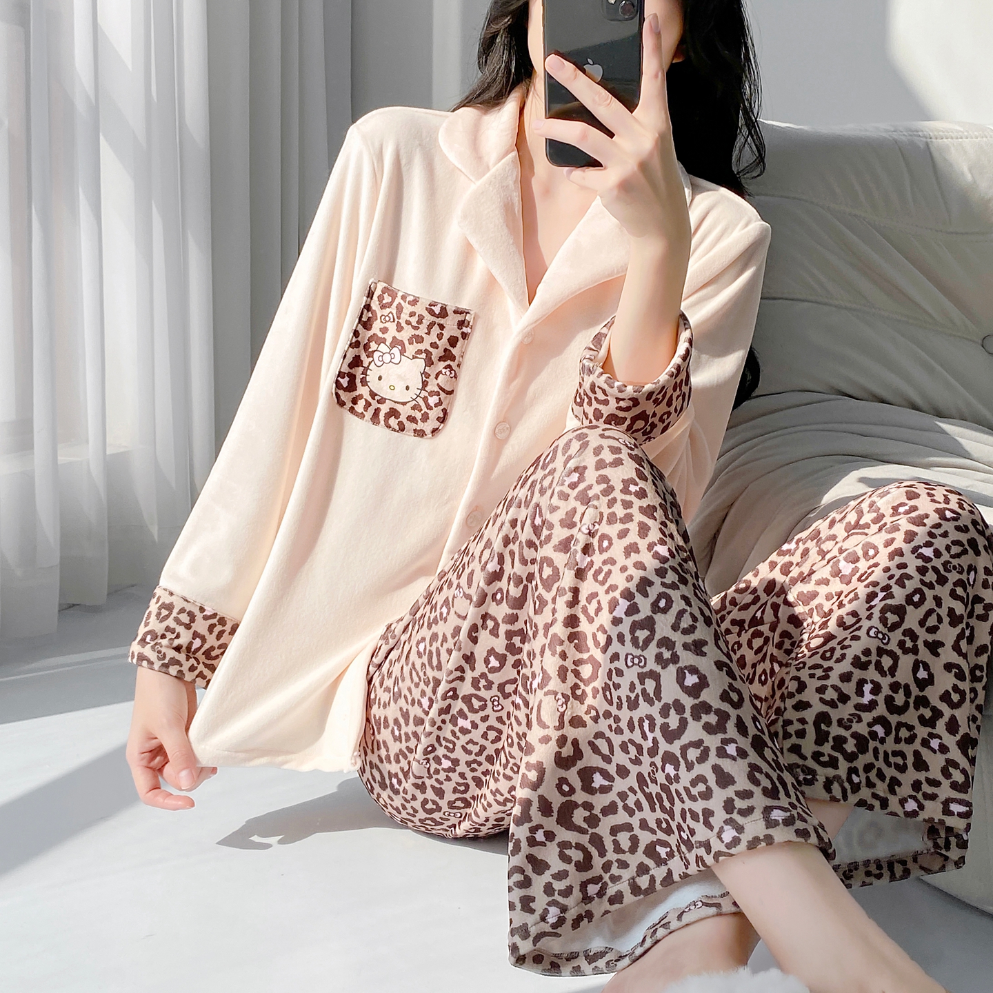 豹纹睡衣女秋冬甜美海岛绒加绒