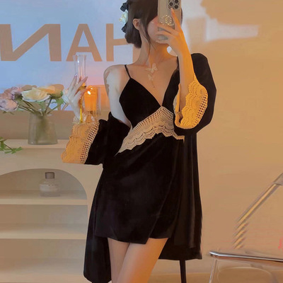 女金丝绒漏背蕾丝吊带睡裙睡袍