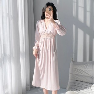 法式蕾丝公主宫廷风睡衣女款冰丝2026春夏季新款长袖长款睡裙长裙