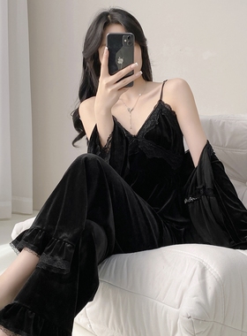 露丝同款金丝绒睡衣女性感纯欲2025秋冬新款长袖吊带家居服三件套