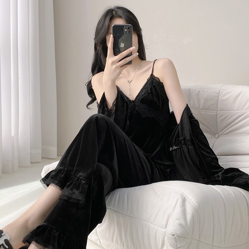 露丝同款金丝绒睡衣女性感纯欲2025秋冬新款长袖吊带家居服三件套