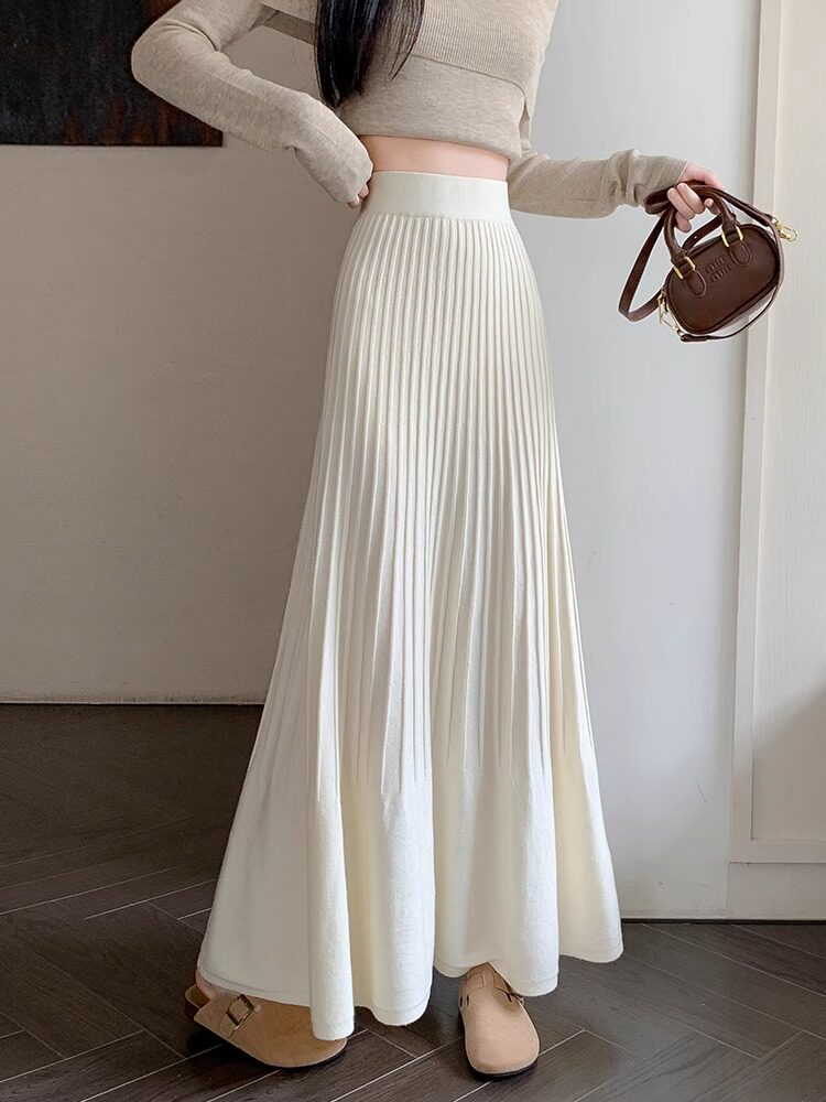 白色针织百褶裙半身裙女秋冬2025新款高腰a字气质高级感鱼尾长裙