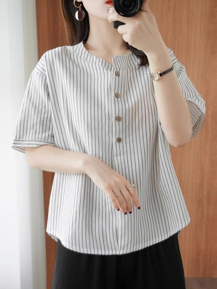 棉麻短袖衬衫女夏薄款2025新款宽松大码显瘦妈妈夏装衬衣半袖上衣