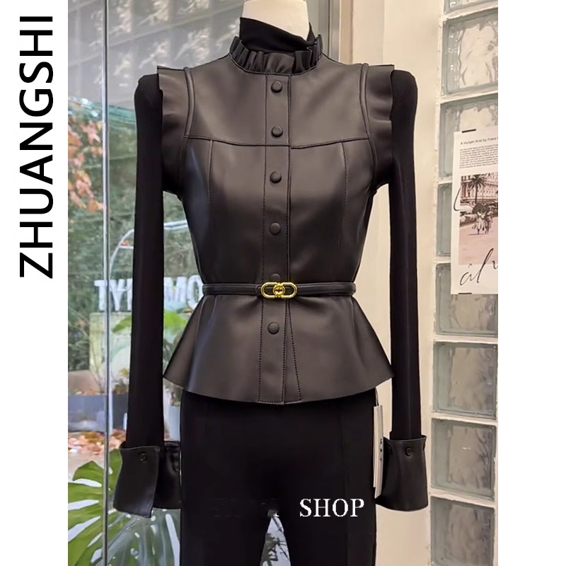 黑色皮衣马甲背心女春季2025新款法式复古荷叶边洋气叠穿无袖上衣