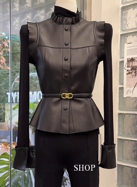 黑色皮衣马甲背心女春季2025新款法式复古荷叶边洋气叠穿无袖上衣