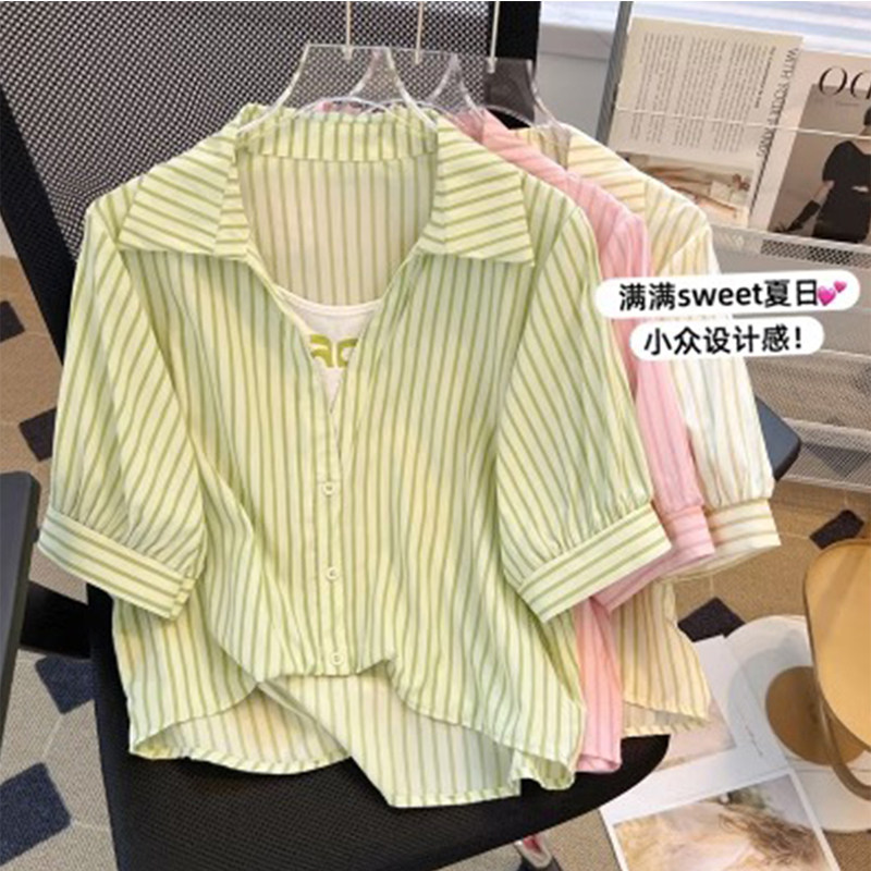 雪纺衬衫女短袖夏季2025新款宽松设计感小众短款假两件条纹上衣潮