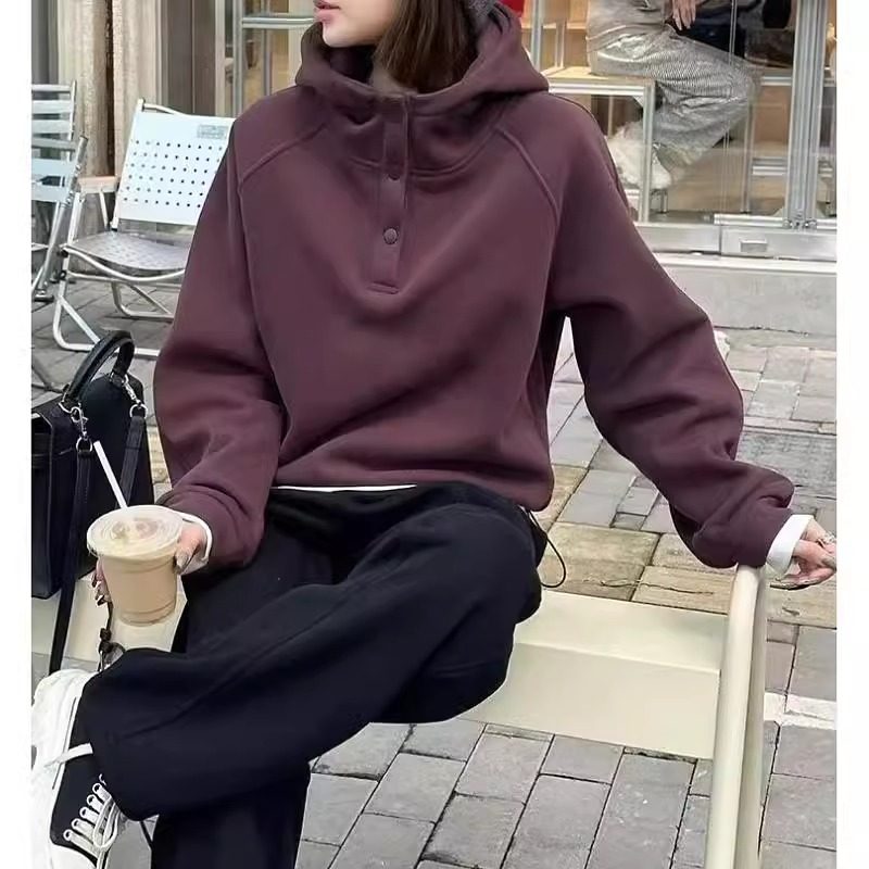 连帽卫衣女秋冬加绒2025新款韩版时尚宽松大码半开领套头长袖上衣