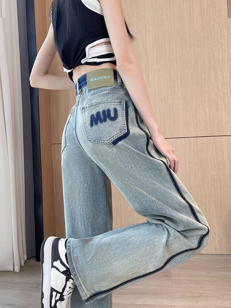 2025春秋季女式直筒牛仔裤新款高腰褶皱对比色设计夏季修身Look窄