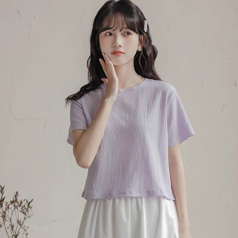 紫色雪纺衫女夏季2026年新款宽松短款小个子甜美气质短袖T恤上衣