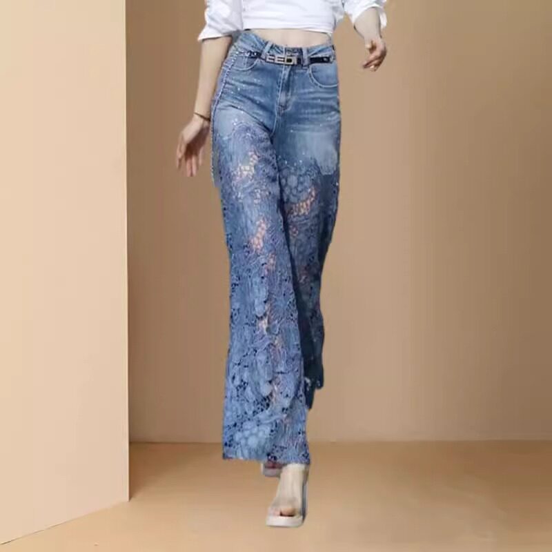 牛仔裤女夏季薄款2026新款高腰垂感宽松显瘦设计感镂空直筒阔腿裤