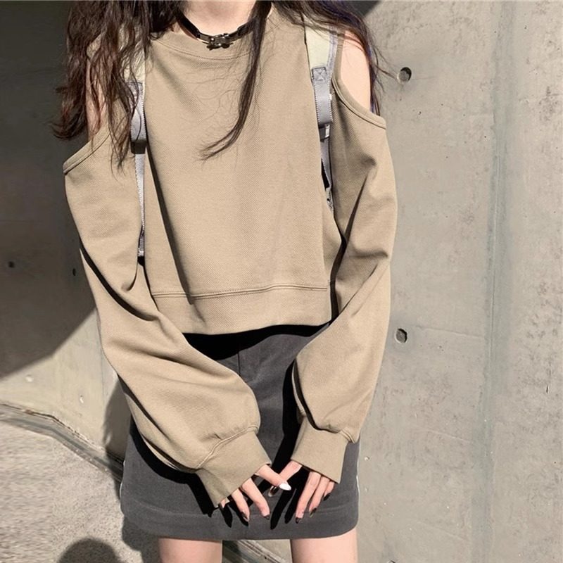 卡其色卫衣女春秋2026新款韩版宽松设计感小众露肩小个子短款上衣