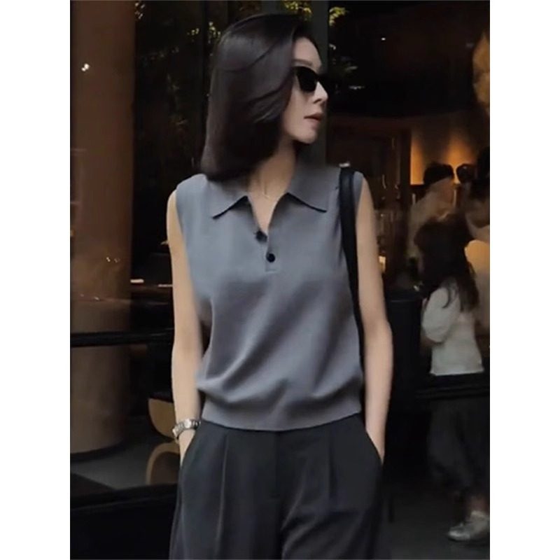 无袖针织衫背心女夏季内搭2026新款时尚宽松外穿翻领休闲马甲上衣