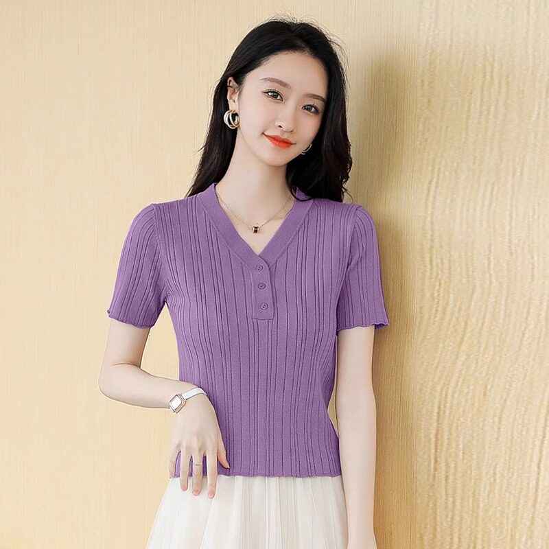 冰丝针织衫女短袖t恤夏季薄款2026新款修身V领设计感气质短款上衣
