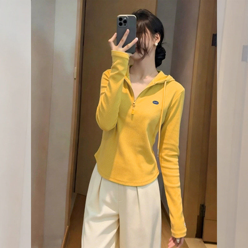 半拉链卫衣女春季薄款2026新款时尚洋气修身显瘦短款连帽长袖上衣