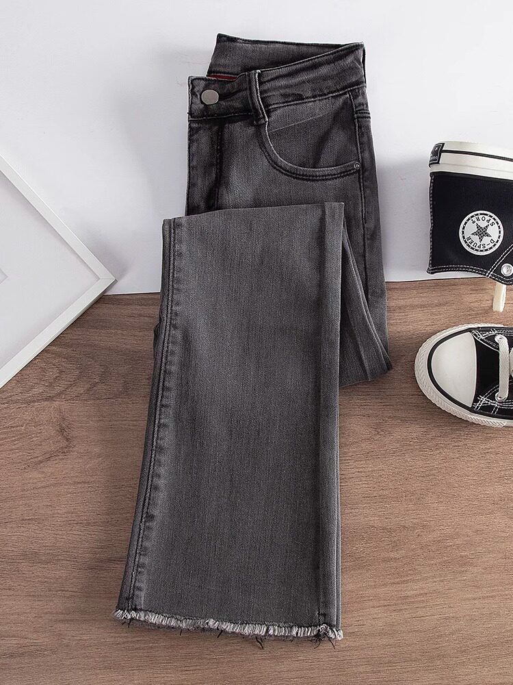 烟灰色微喇牛仔裤女春季2025年新款高腰显瘦小个子九分加绒喇叭裤