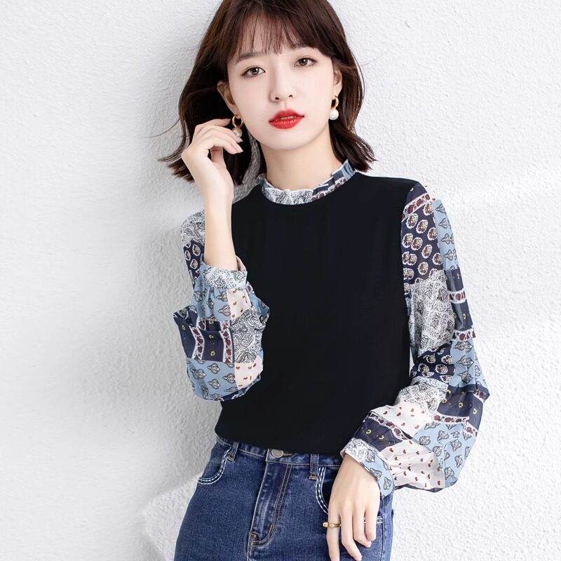 衬衫女长袖春秋2025新款洋气印花打底小衫雪纺拼接针织假两件上衣