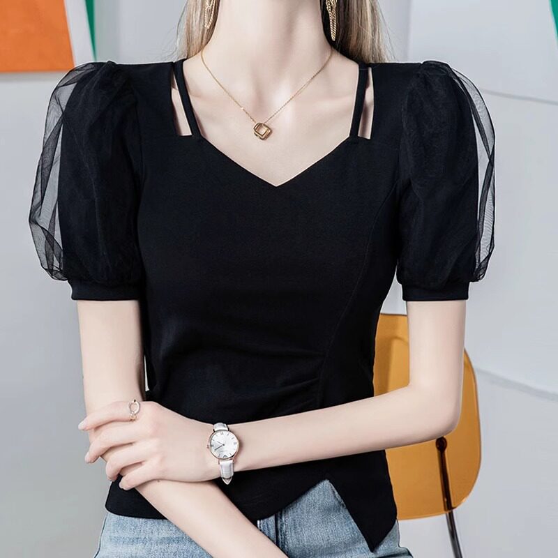 短袖T恤女夏季设计感修身显瘦不规则百搭洋气网纱泡泡袖纯棉上衣