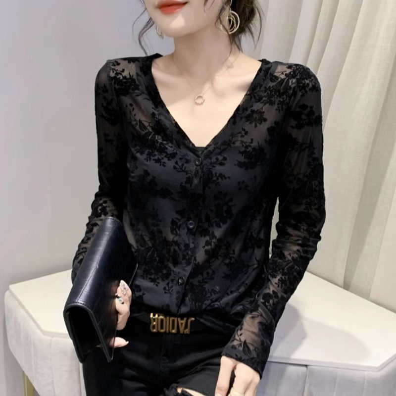 网纱打底衫女春秋内搭2025新款修身v领性感开衫蕾丝t恤长袖上衣潮