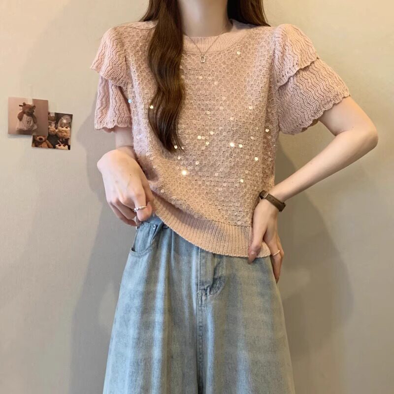 亮片短袖T恤女夏季薄款2026年新款宽松大码洋气设计感针织衫上衣