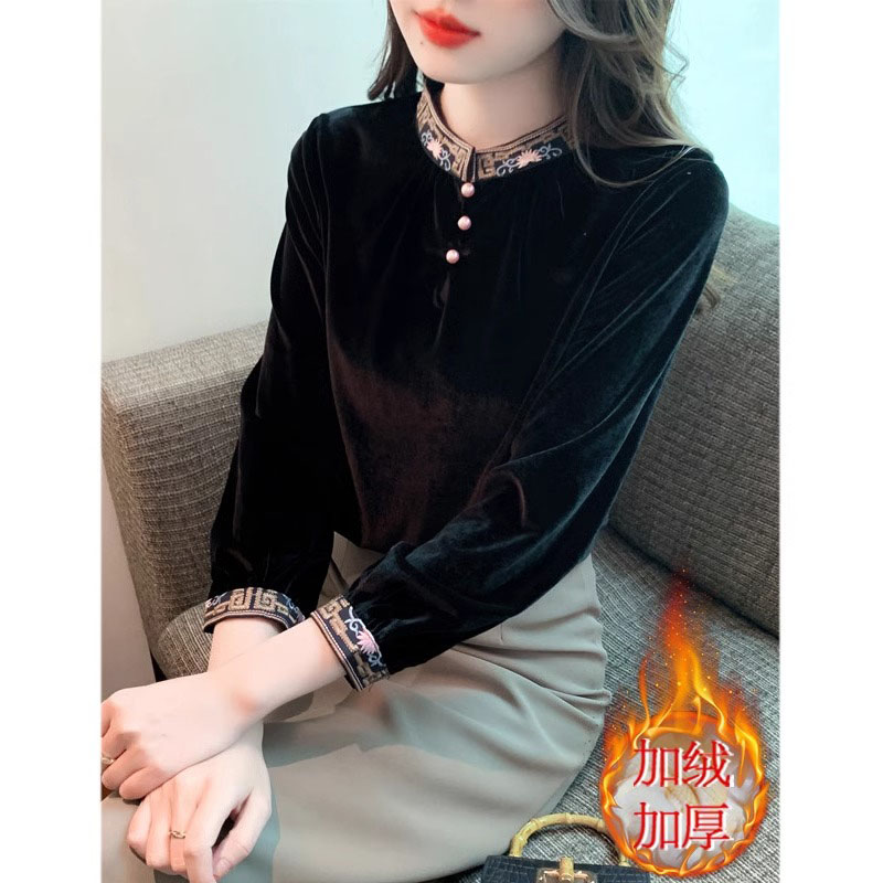 新中式国风丝绒打底衫女春秋2025新款时尚洋气立领高级感内搭上衣