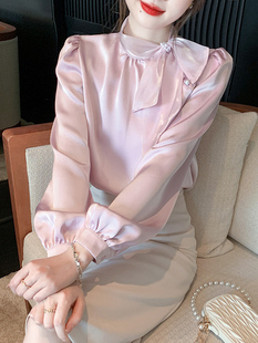 长袖衬衫女春秋季2025新款法式气质高级感蝴蝶结飘带衬衣小衫上衣