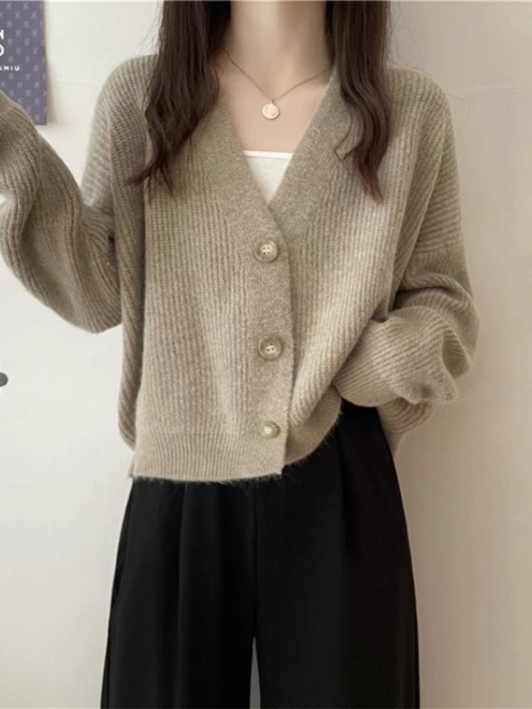 针织开衫女秋冬2025新款宽松外穿慵懒风短款百搭v领毛衣外套上衣