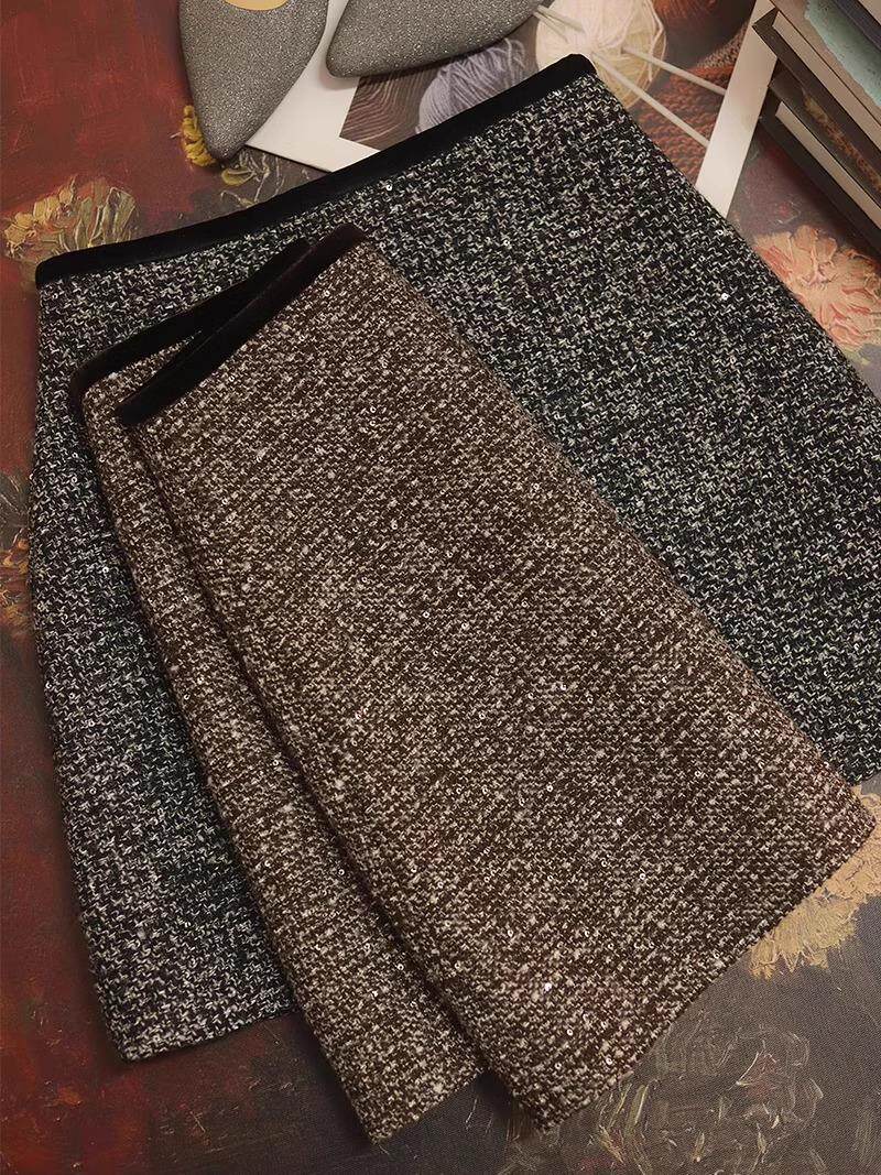 覆古毛呢半身裙女2025秋冬新款高腰显瘦小香风亮片粗花呢A字短裙