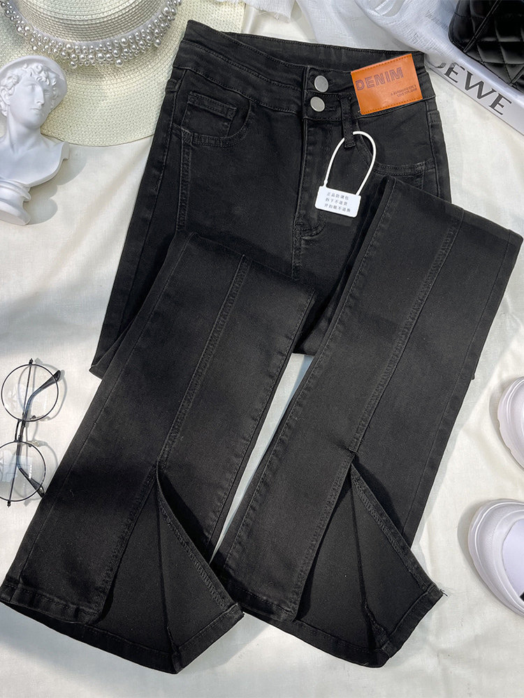 黑色开叉牛仔裤女2025年新款秋冬加绒高腰显瘦大码烟管微喇叭裤子