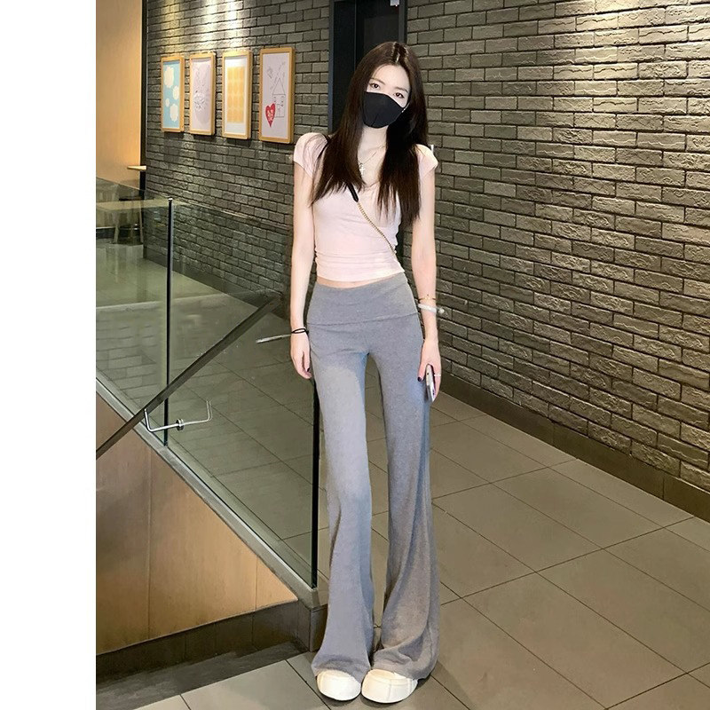 灰色微喇运动裤女夏季薄款2026年新款高腰垂感宽松喇叭休闲瑜伽裤