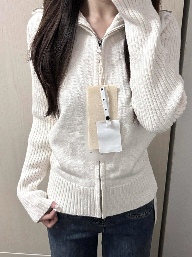 白色拉炼针织开衫女春秋2025新款修身显瘦小个子短款百搭毛衣外套