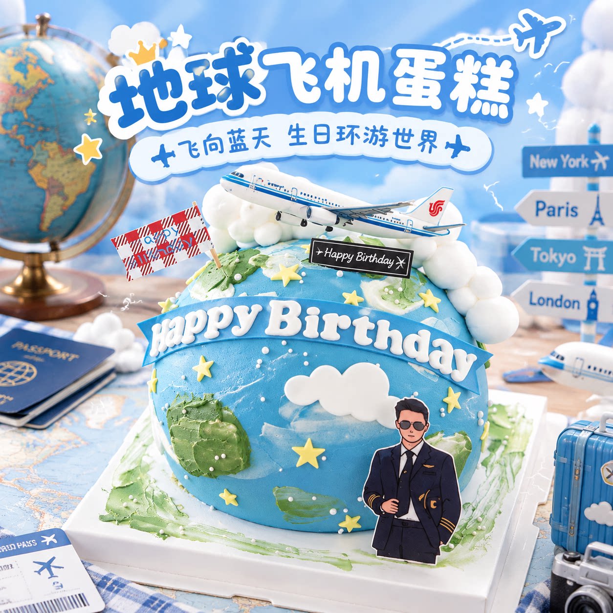 创意地球飞机直升机飞行员儿童超级飞侠男士生日蛋糕卡通同城配送