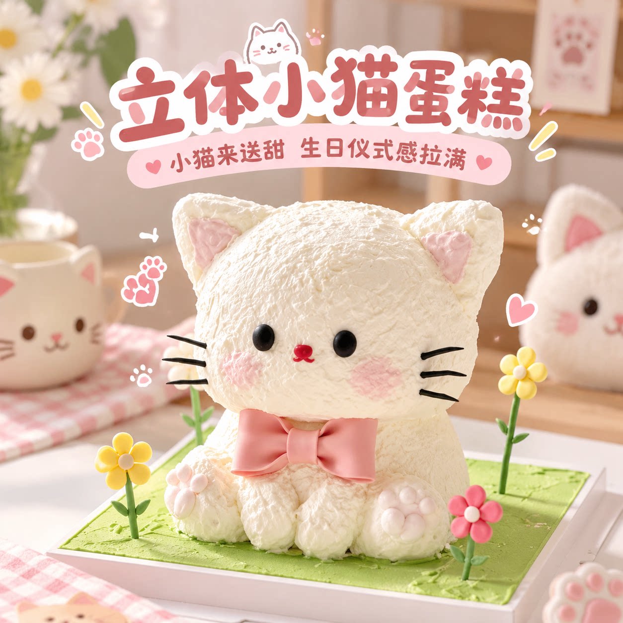 新款创意立体可爱棉花糖猫咪外星小猫jennie儿童男孩女孩生日蛋糕