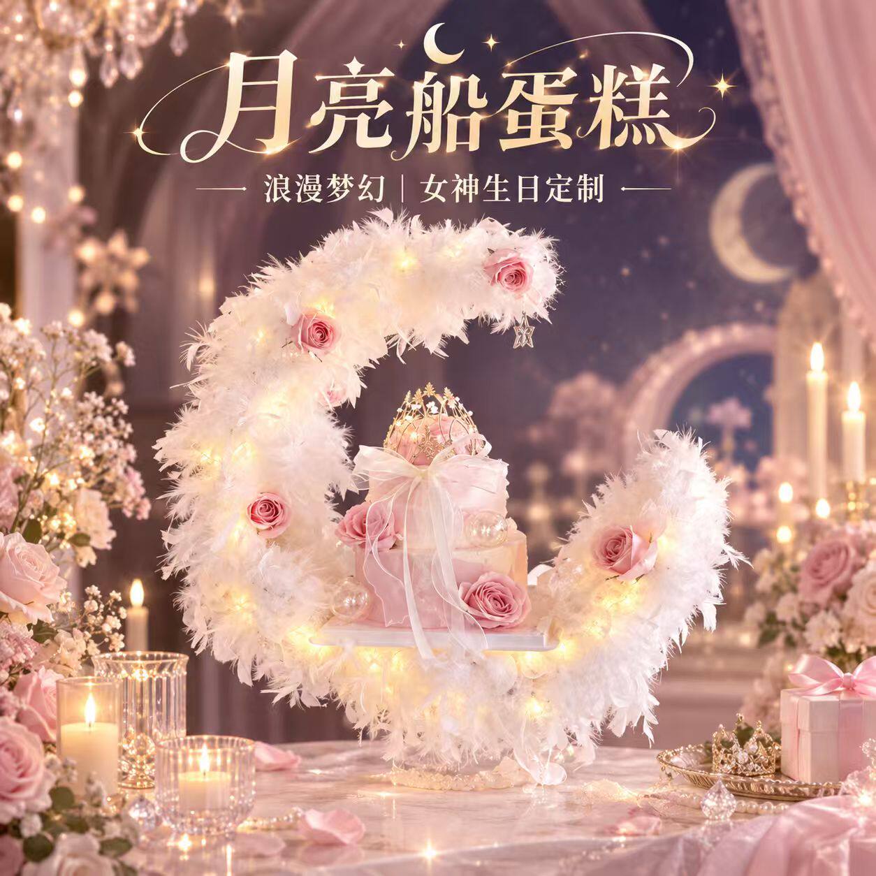 网红高级创意艺术月亮船女士生日蛋糕18岁女神女朋友名媛同城配送
