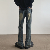 男士 工装 潮牌秋季 伐木牛仔裤 美式 高街复古蓝微喇裤 宽松直筒长裤 男