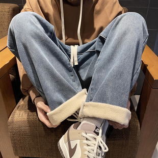 vibe高街裤 加绒牛仔裤 美式 加厚阔腿裤 子男 男直筒宽松2023秋冬款