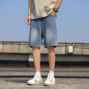 青少年高街痞帅复古水洗宽松直筒五分中裤 夏季 男款 浅蓝色牛仔短裤