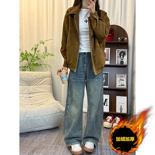 2025秋冬加绒加厚美式复古水洗弯刀牛仔裤男女潮流百搭宽松阔腿裤