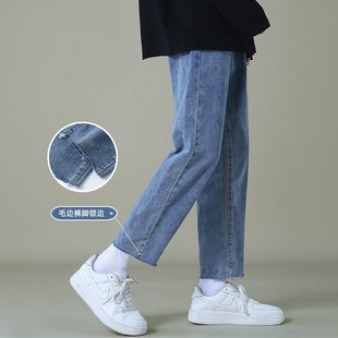 子男潮流百搭毛边蓝色宽松直筒裤 九分牛仔裤 小脚裤 男潮牌夏季 修身