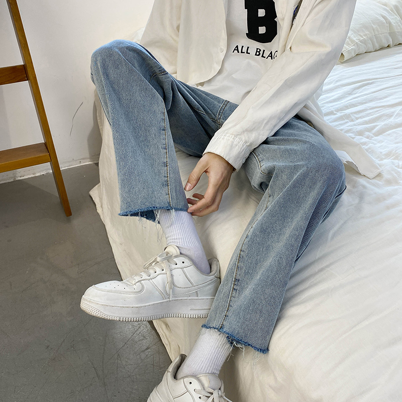 浅色毛边牛仔裤男2023年春季新款修身直筒裤子男士宽松水洗九分裤