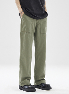 军绿色休闲裤男夏季潮牌复古宽松直筒裤美式高街clean fit裤子男