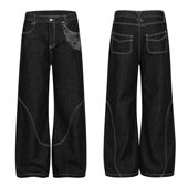 美式 男女百搭氛围感微喇长裤 黑色原牛提花牛仔裤 拼接明线设计秋季