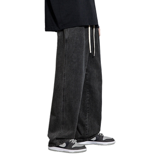 黑灰色牛仔裤男宽松直筒高街裤子男夏季潮流百搭阔腿美式休闲长裤