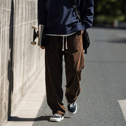 棕色直筒休闲裤子男款冬季青少年加厚卫裤重磅灯芯绒加绒运动长裤