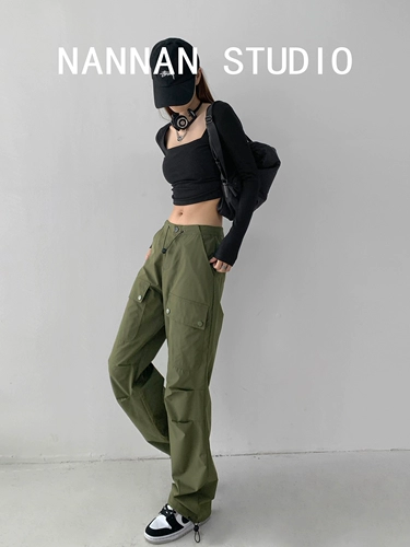 Tide, ретро штаны, в американском стиле, свободный прямой крой, по фигуре, на шнурках