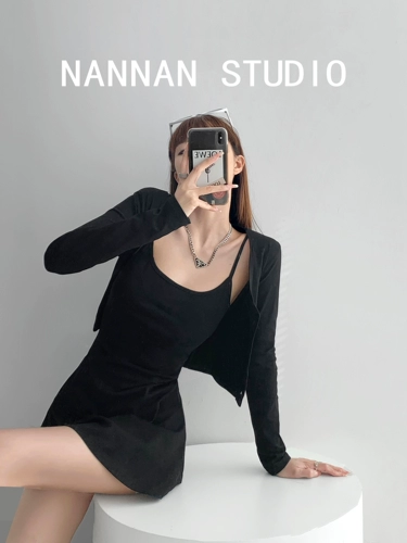 Сексуальное короткое платье, лонгслив, жилет, кардиган, весенний комплект, европейский стиль, крой «рыбий хвост»