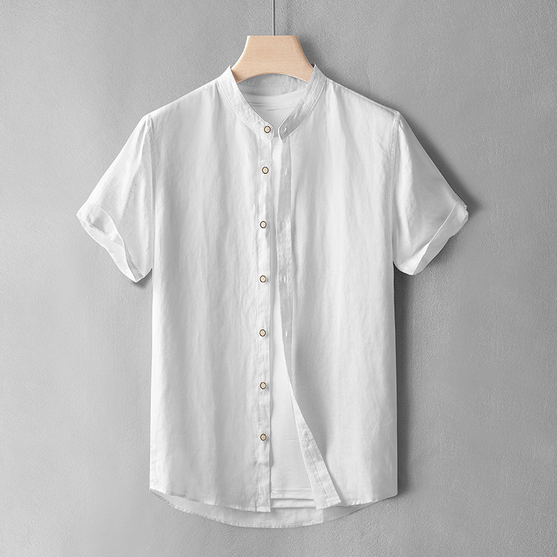 纯亚麻男士圆领短袖衬衫夏季薄款上衣服麻布男装无领棉麻布料衬衣