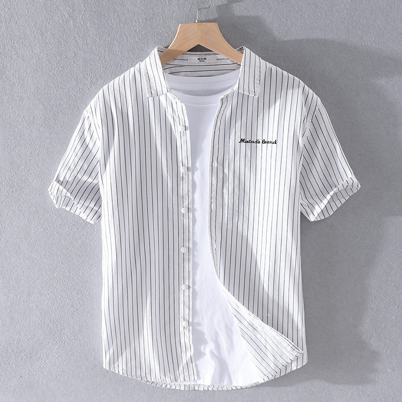 日系条纹刺绣短袖衬衫男夏季新款韩版潮流休闲上衣服宽松纯棉衬衣